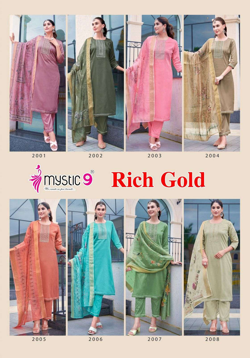 Mystic 9 Rich Gold Vol 2 Jam Satin Swarovski Embroidery Work Casual Wear Kurti Pant Dupatta Set