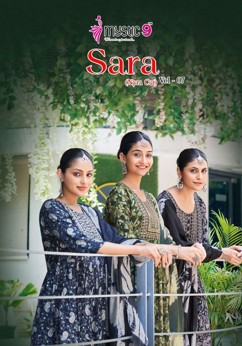 Mystic 9 Sara Vol 7 Premium Quality Rayon Capsule Foil Print Fancy Naira Cut Kurti Set