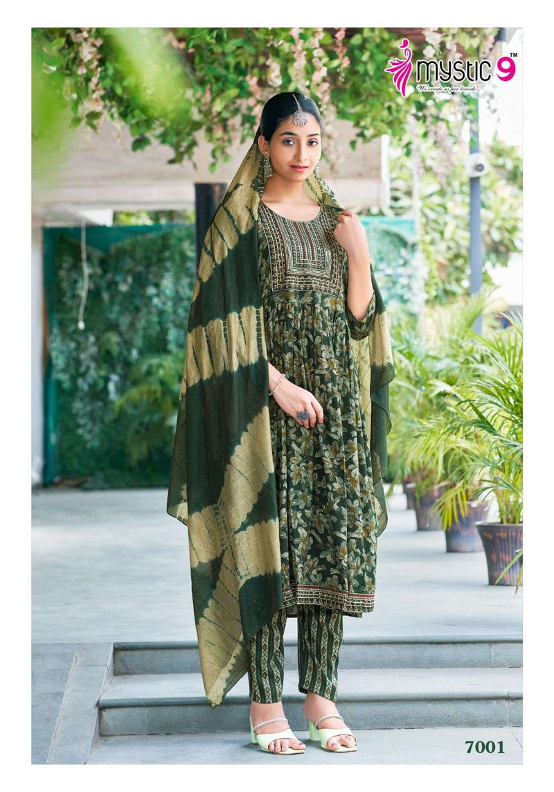 Mystic 9 Sara Vol 7 Premium Quality Rayon Capsule Foil Print Fancy Naira Cut Kurti Set