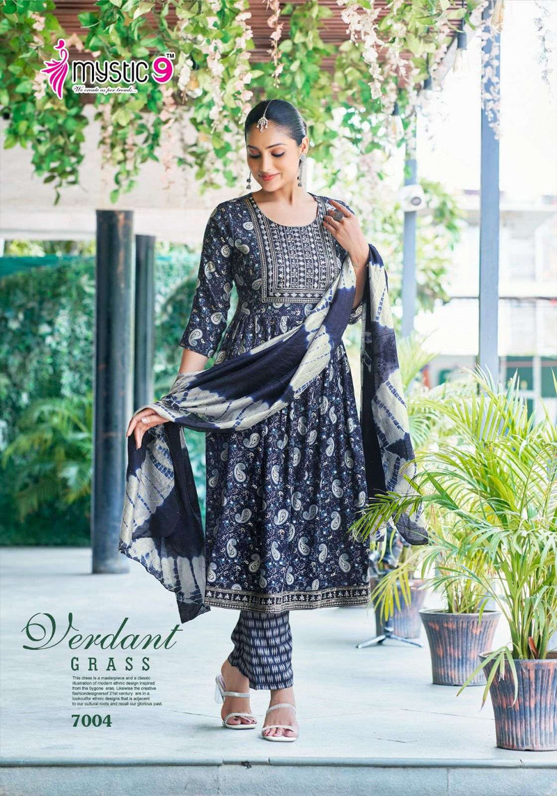 Mystic 9 Sara Vol 7 Premium Quality Rayon Capsule Foil Print Fancy Naira Cut Kurti Set
