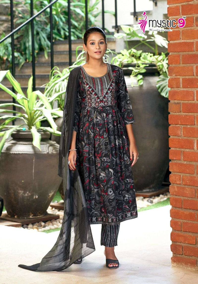 Mystic 9 Sara Vol 8 Rayon Capsule Foil Print With Embroidery Kurti Pant Dupatta Set