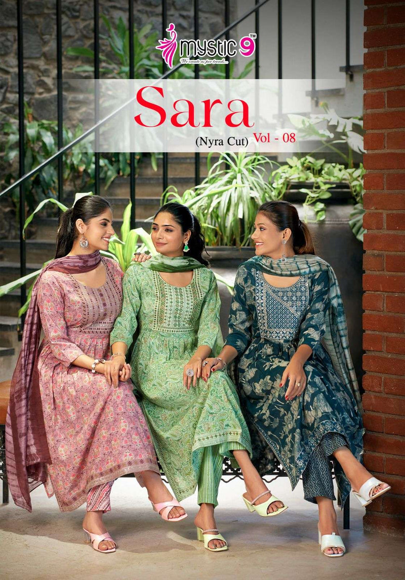Mystic 9 Sara Vol 8 Rayon Capsule Foil Print With Embroidery Kurti Pant Dupatta Set