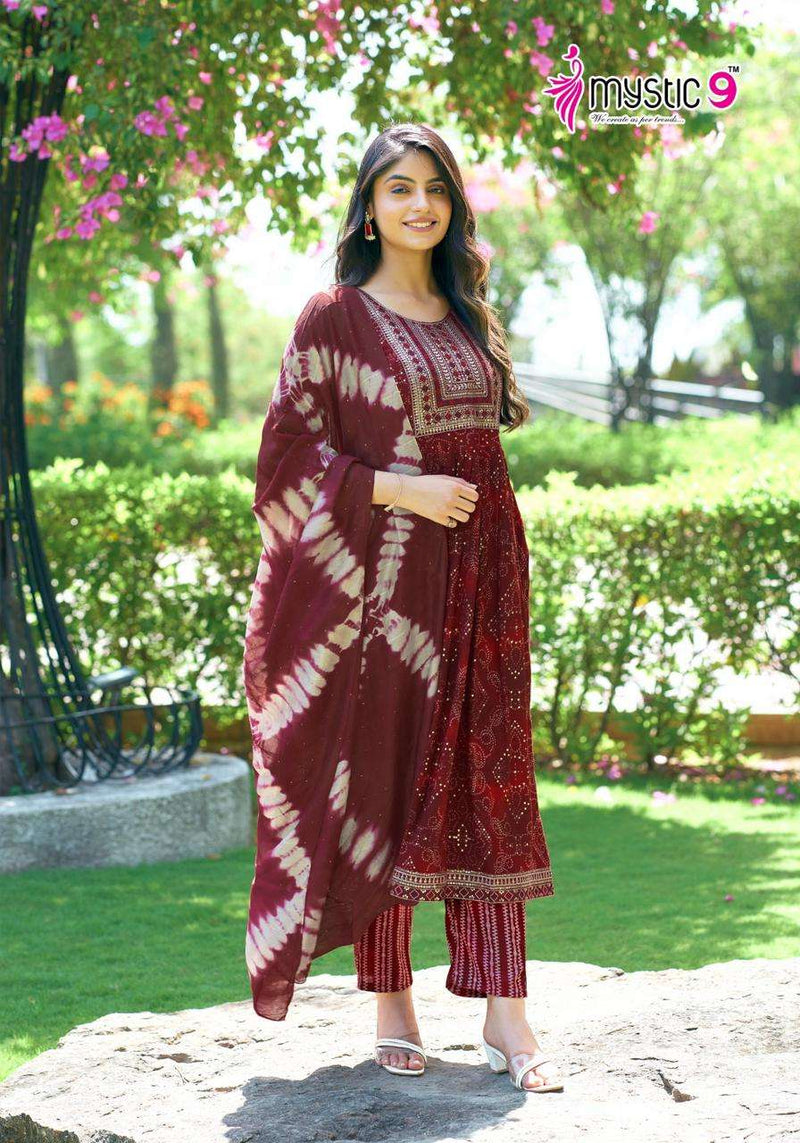 Mystic 9 Sara Vol 9 Rayon Capsule Foil Print Casual Wear Nayra Cut Kurti Pant Dupatta Set