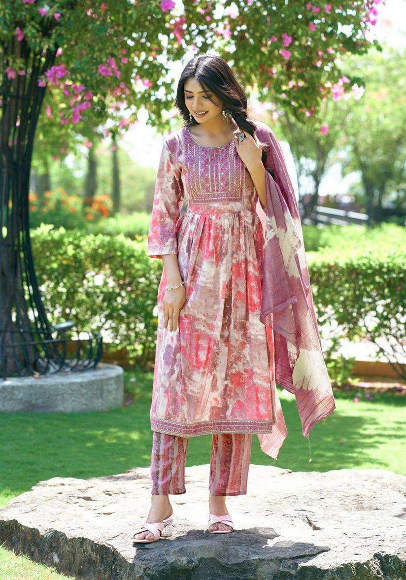 Mystic 9 Sara Vol 9 Rayon Capsule Foil Print Casual Wear Nayra Cut Kurti Pant Dupatta Set
