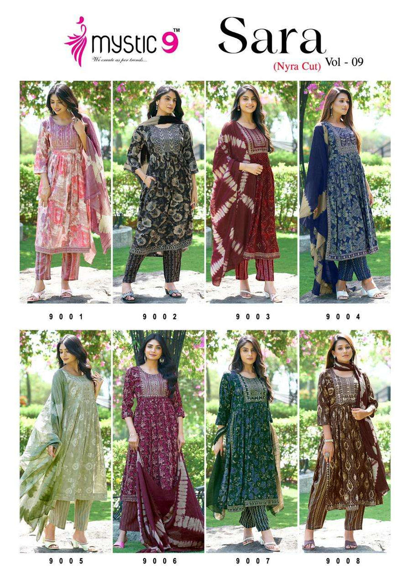Mystic 9 Sara Vol 9 Rayon Capsule Foil Print Casual Wear Nayra Cut Kurti Pant Dupatta Set
