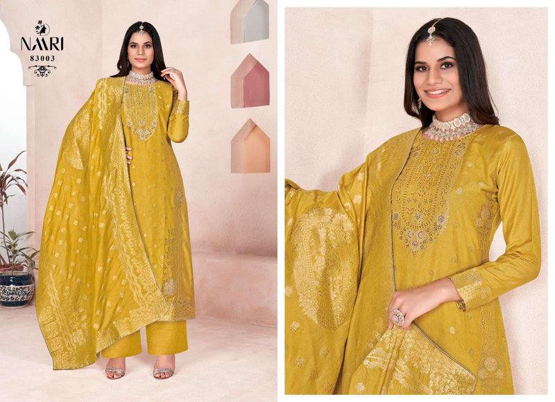 Naari Golden Pure Muslin Dola Jacquard With Siroski Work Heavy Designer Unstitched Party Wear Salwar Suit