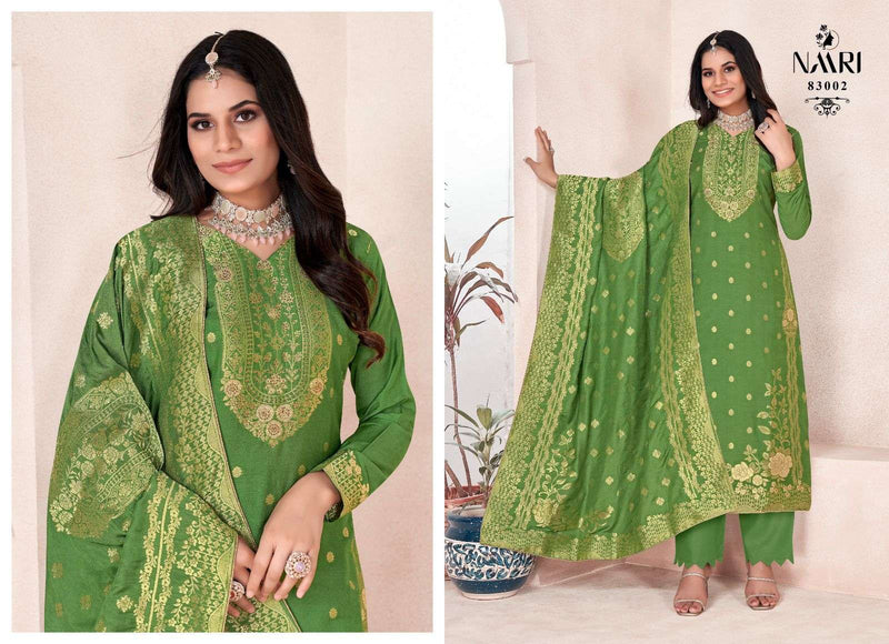 Naari Golden Pure Muslin Dola Jacquard With Siroski Work Heavy Designer Unstitched Party Wear Salwar Suit
