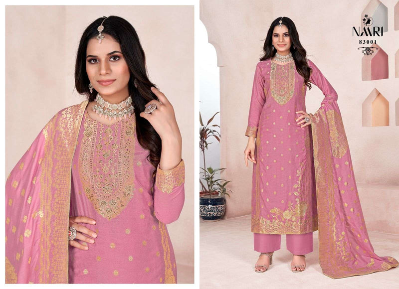 Naari Golden Pure Muslin Dola Jacquard With Siroski Work Heavy Designer Unstitched Party Wear Salwar Suit