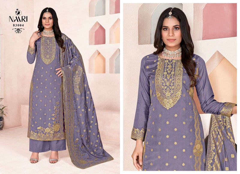 Naari Golden Pure Muslin Dola Jacquard With Siroski Work Heavy Designer Unstitched Party Wear Salwar Suit