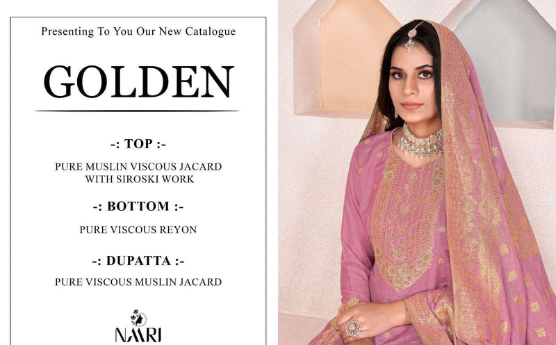 Naari Golden Pure Muslin Dola Jacquard With Siroski Work Heavy Designer Unstitched Party Wear Salwar Suit