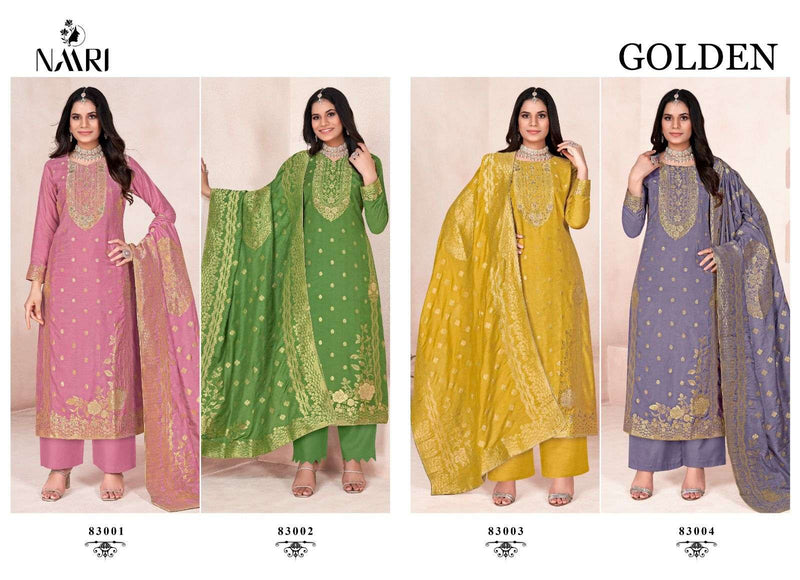 Naari Golden Pure Muslin Dola Jacquard With Siroski Work Heavy Designer Unstitched Party Wear Salwar Suit