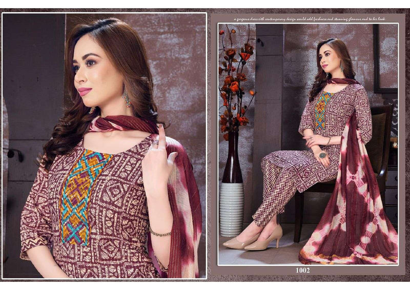 Nee Riyaa Cotton Kudi Cotton Print With Embroidery Work Readymade Suit Catalogh