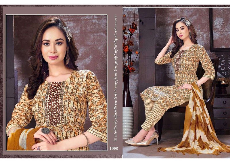 Nee Riyaa Cotton Kudi Cotton Print With Embroidery Work Readymade Suit Catalogh