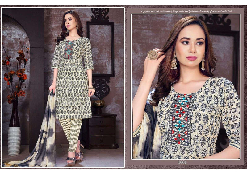 Nee Riyaa Cotton Kudi Cotton Print With Embroidery Work Readymade Suit Catalogh