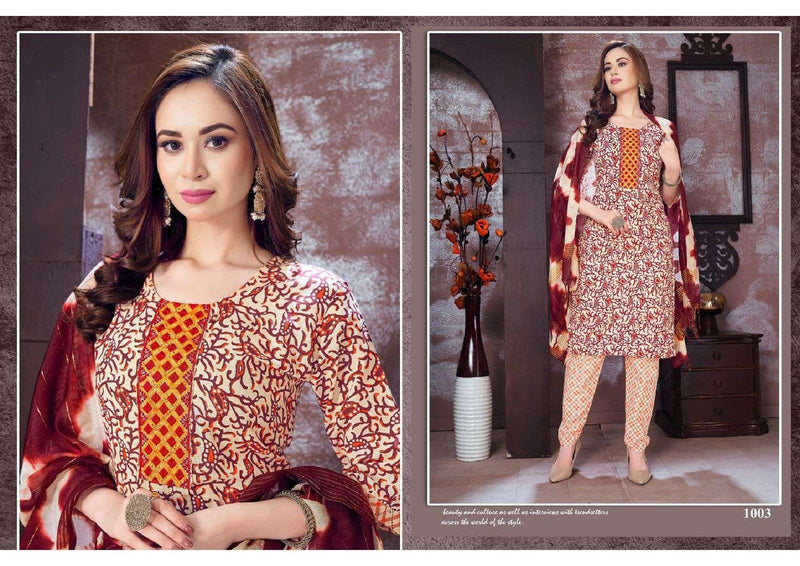 Nee Riyaa Cotton Kudi Cotton Print With Embroidery Work Readymade Suit Catalogh