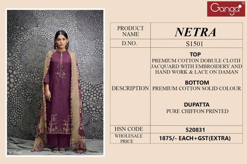Ganga Netra 1501 Cotton Embroidery And Handwork Fancy Salwar Kameez