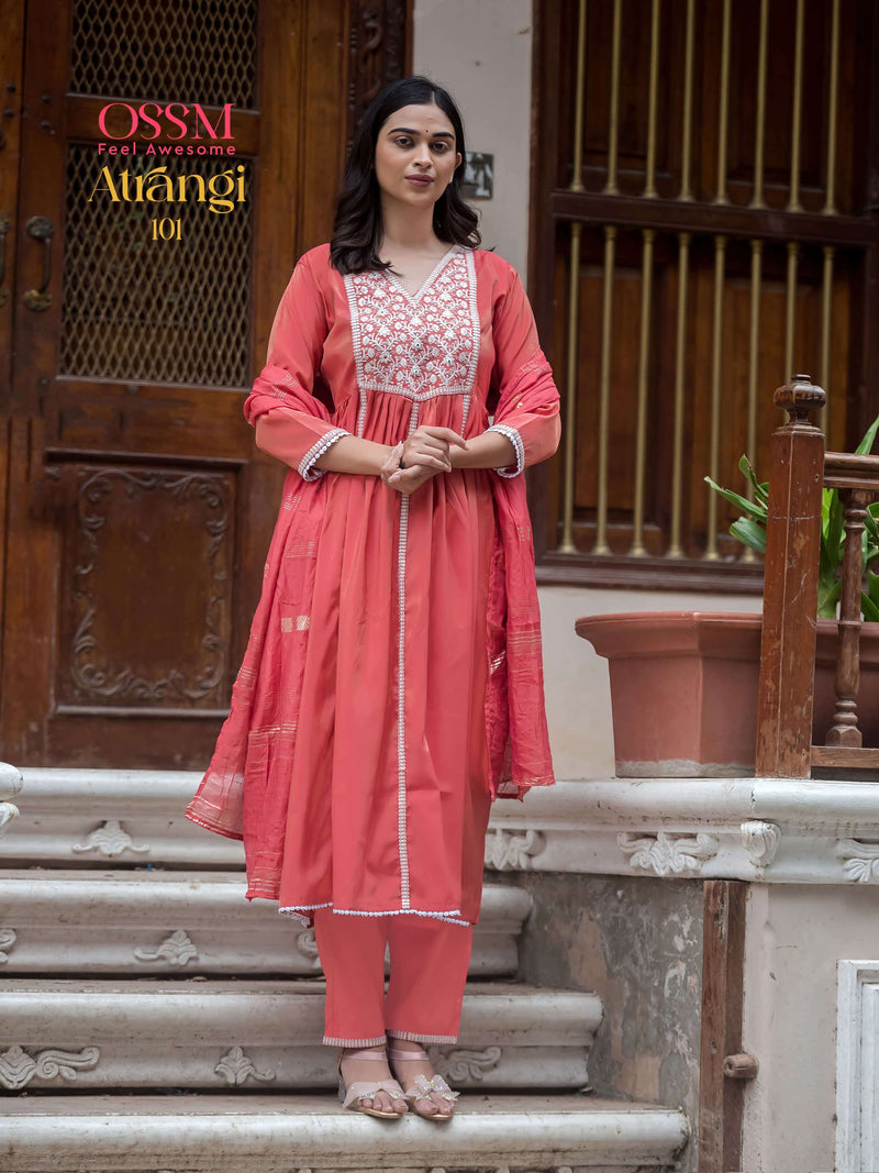 Ossm Atrangi Viscose Heavy Embroidery Work Fancy Casual Wear Kurti Pant Dupatta Set