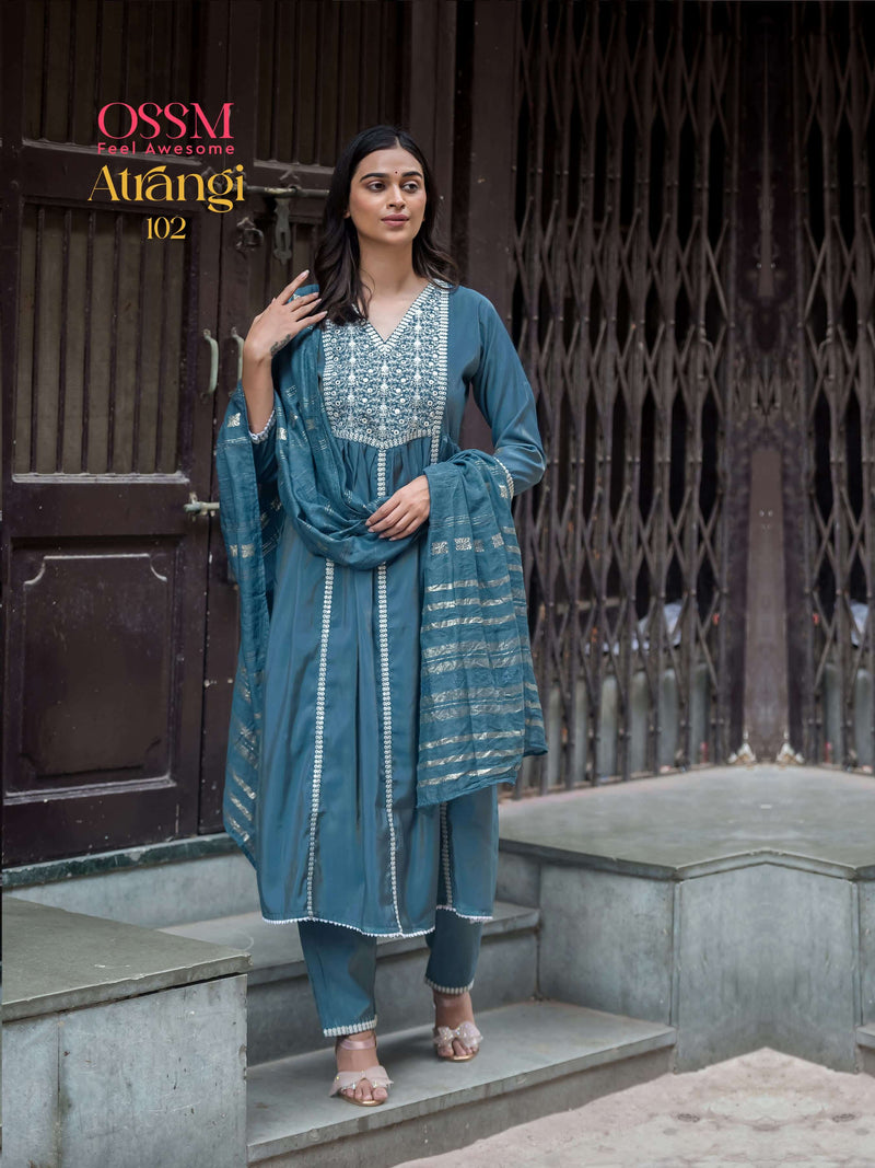 Ossm Atrangi Viscose Heavy Embroidery Work Fancy Casual Wear Kurti Pant Dupatta Set