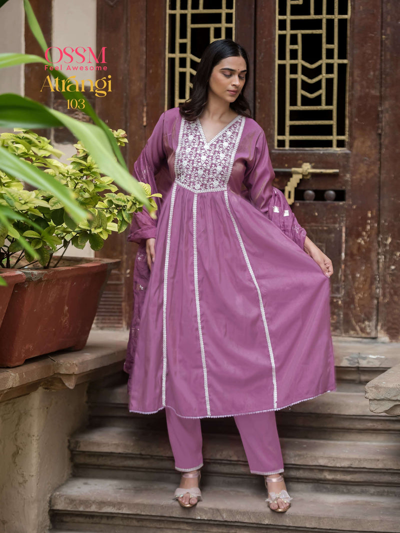 Ossm Atrangi Viscose Heavy Embroidery Work Fancy Casual Wear Kurti Pant Dupatta Set