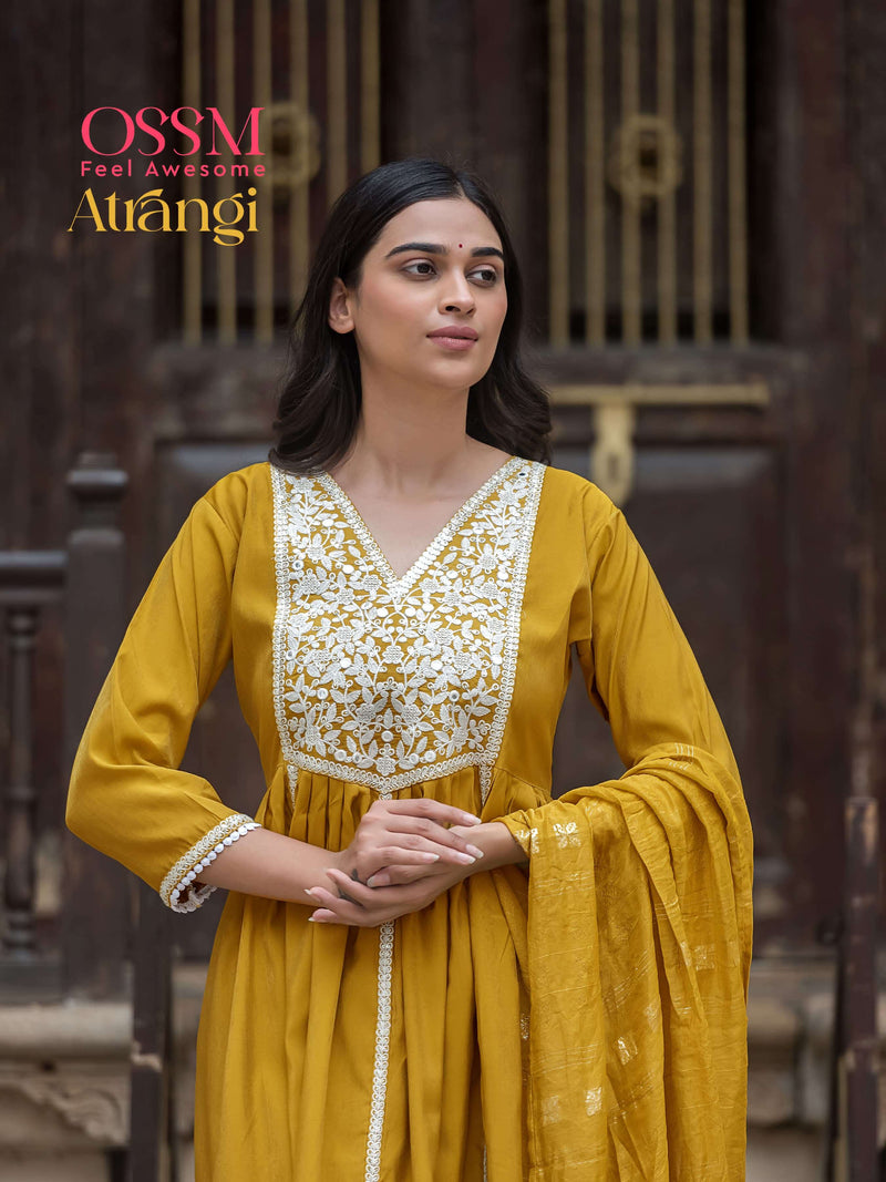 Ossm Atrangi Viscose Heavy Embroidery Work Fancy Casual Wear Kurti Pant Dupatta Set