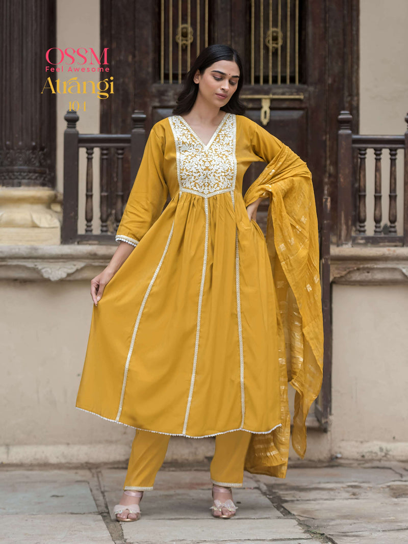 Ossm Atrangi Viscose Heavy Embroidery Work Fancy Casual Wear Kurti Pant Dupatta Set