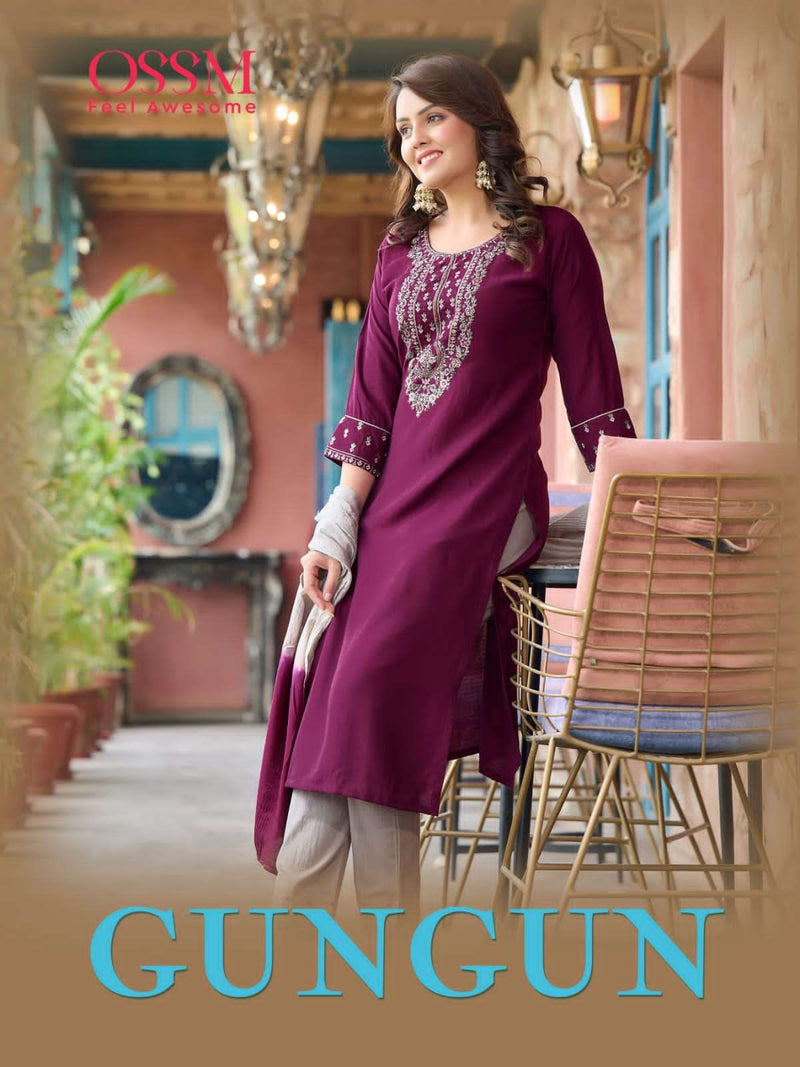 Ossm Present Gungun Fancy 3 Pcs Set Collection Amazing Work Kurti With Pant And Dupatta