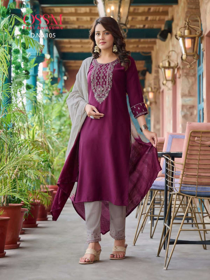 Ossm Present Gungun Fancy 3 Pcs Set Collection Amazing Work Kurti With Pant And Dupatta