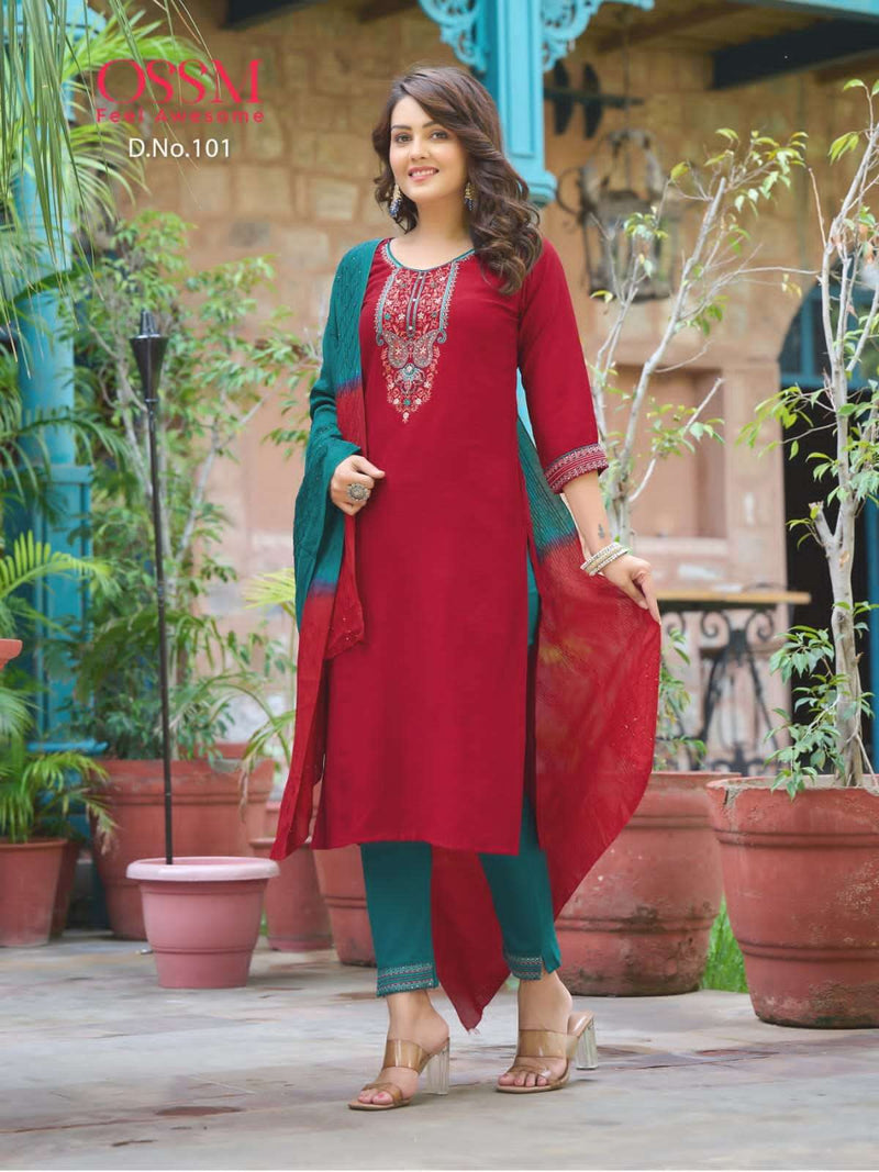 Ossm Present Gungun Fancy 3 Pcs Set Collection Amazing Work Kurti With Pant And Dupatta