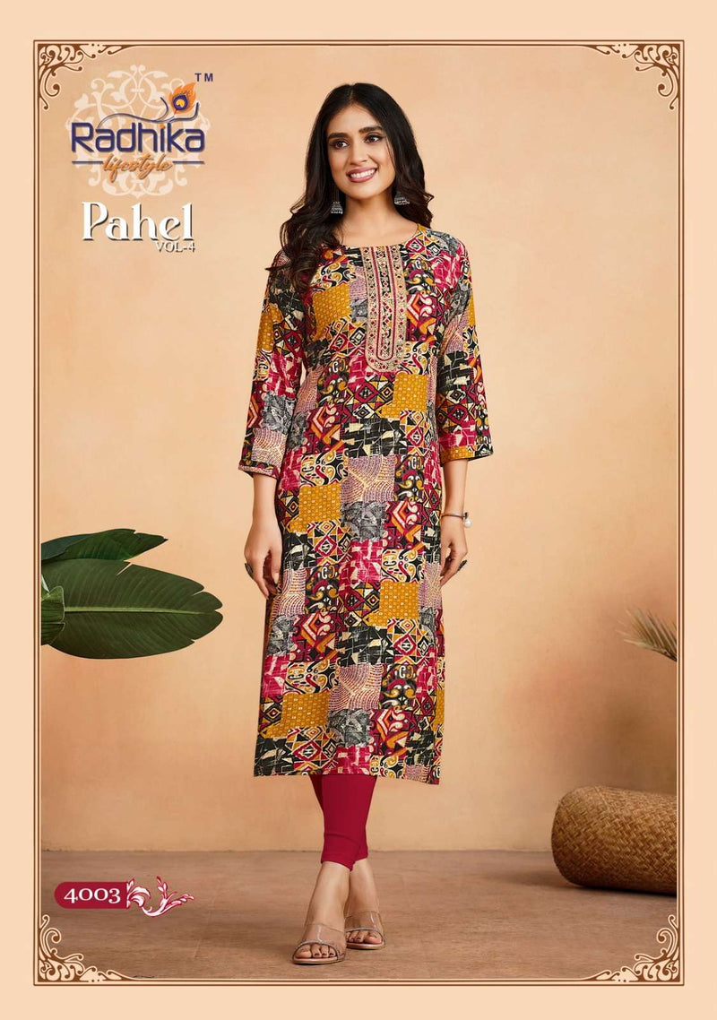 Pahel Vol 4 By Radhika Lifestyle Fancy Rayon Print Stitch Kurtis Online Supplier