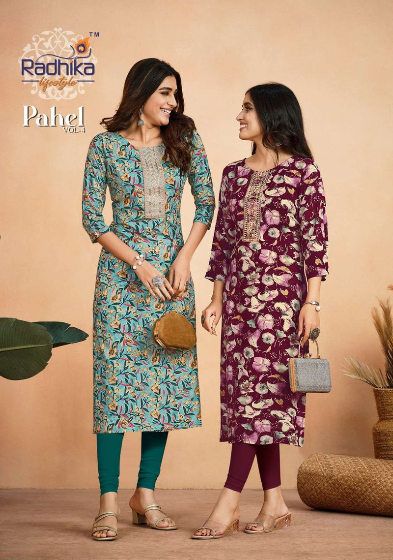 Pahel Vol 4 By Radhika Lifestyle Fancy Rayon Print Stitch Kurtis Online Supplier
