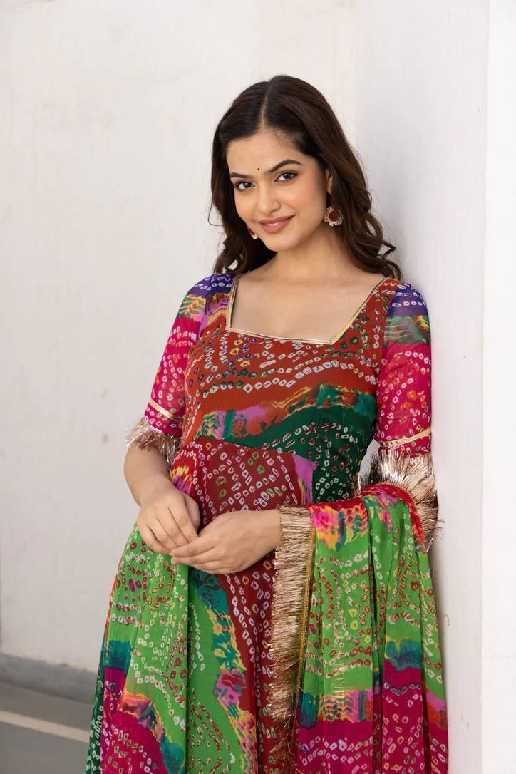 Vad Bandhani Fox Georgette With Gota Patti Designer Fancy Kurti Collection