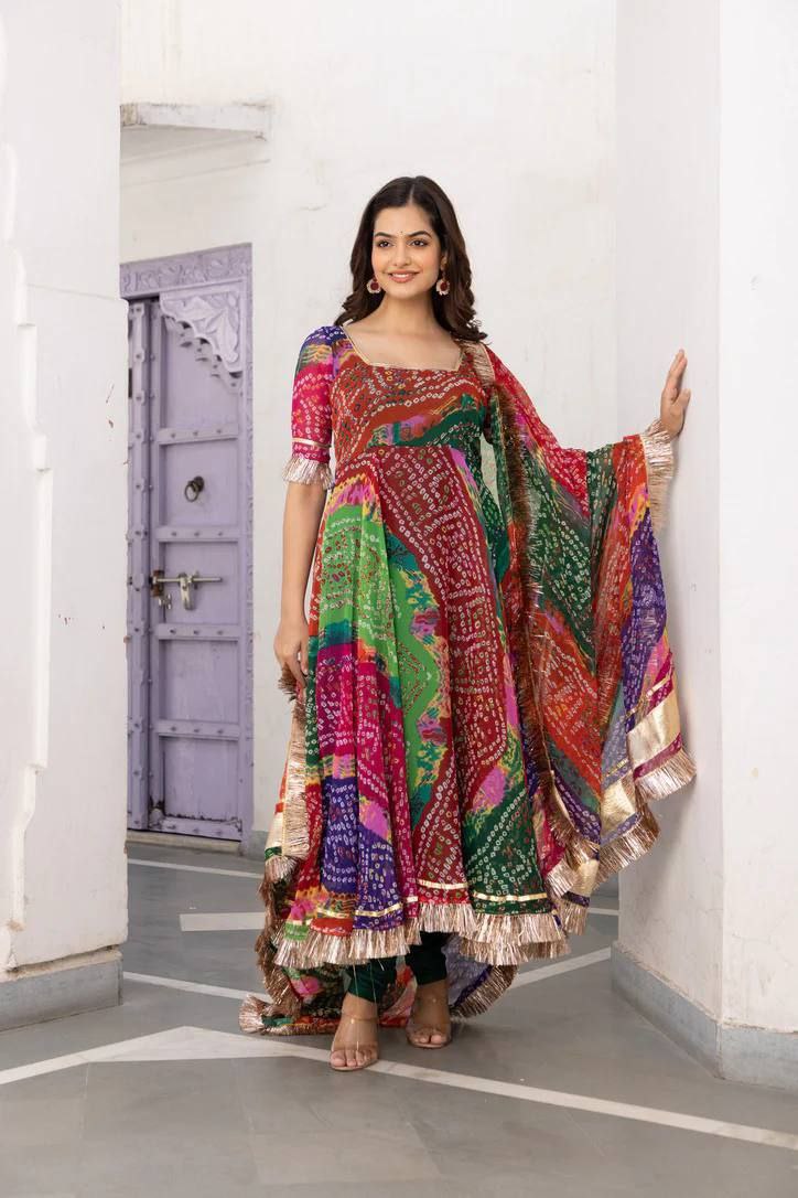 Vad Bandhani Fox Georgette With Gota Patti Designer Fancy Kurti Collection