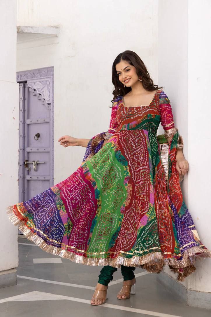 Vad Bandhani Fox Georgette With Gota Patti Designer Fancy Kurti Collection