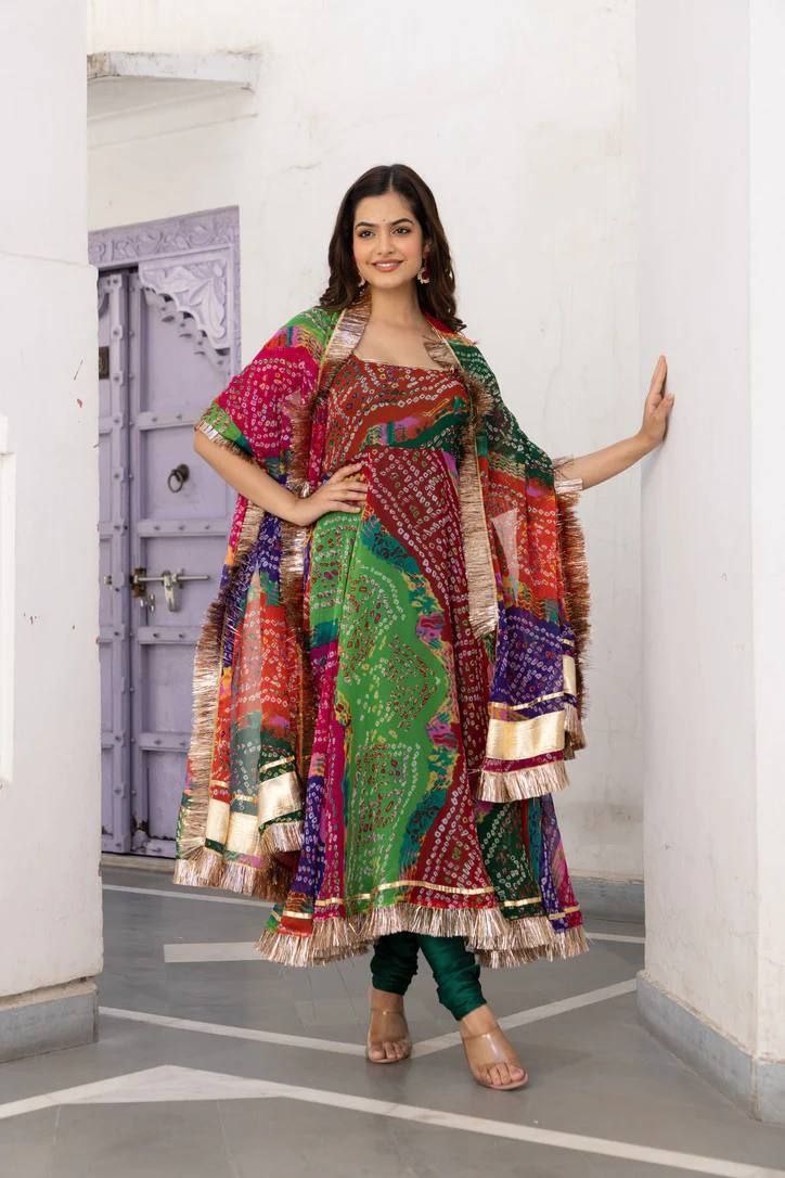 Vad Bandhani Fox Georgette With Gota Patti Designer Fancy Kurti Collection