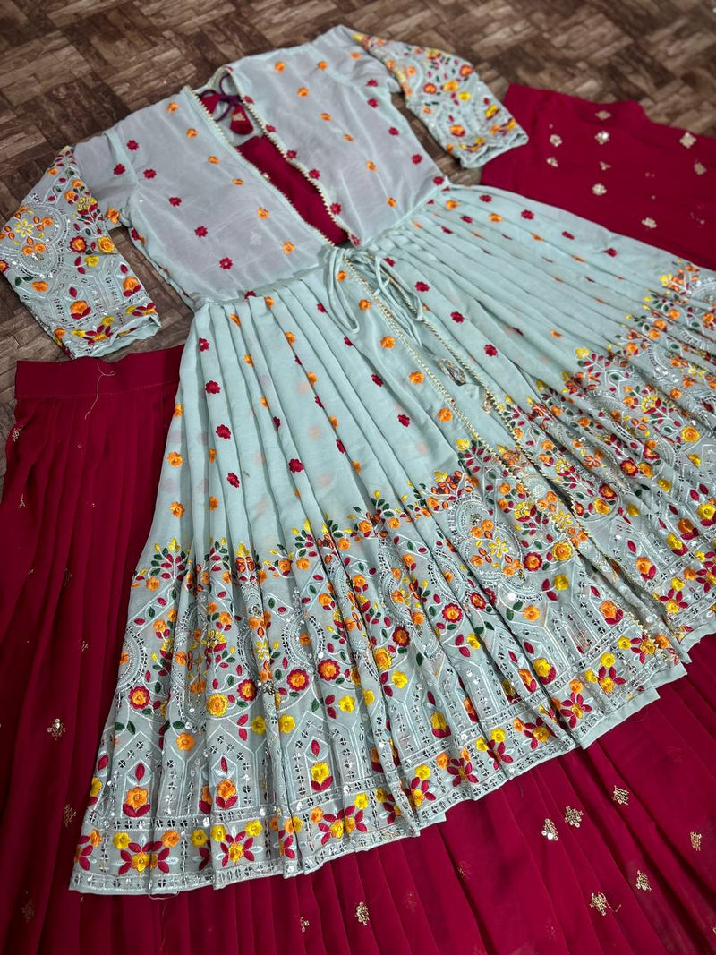 Kv D No 3058 Fox Georgette Embroidery Kurti With Lehnga Collection