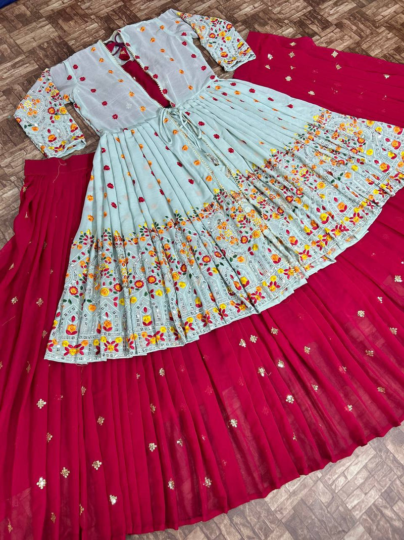 Kv D No 3058 Fox Georgette Embroidery Kurti With Lehnga Collection