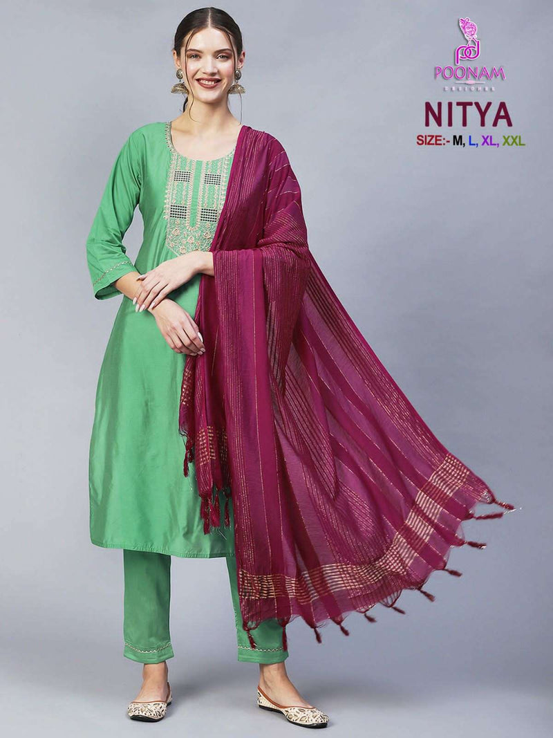 Poonam Designer Present Nitya Amazing Neck Work Kurti With Pant And Dupatta