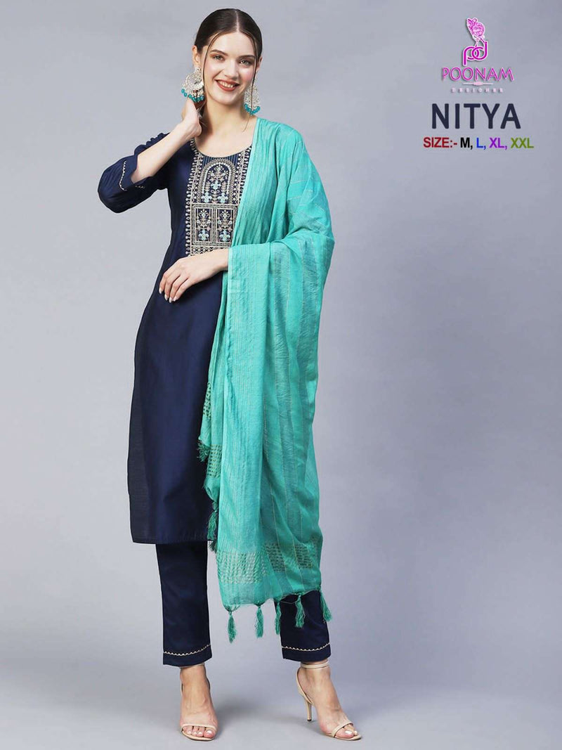 Poonam Designer Present Nitya Amazing Neck Work Kurti With Pant And Dupatta