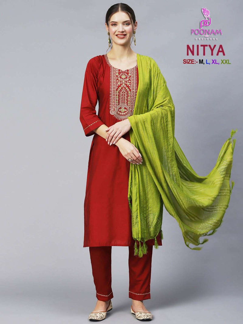 Poonam Designer Present Nitya Amazing Neck Work Kurti With Pant And Dupatta