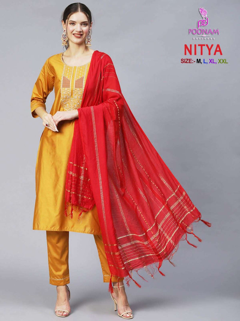 Poonam Designer Present Nitya Amazing Neck Work Kurti With Pant And Dupatta