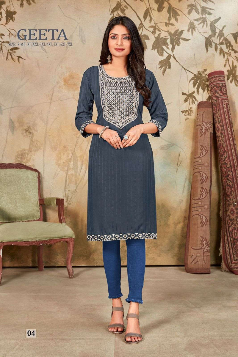Pr Geeta Daily Wear Neck Work Silk Fancy Stitch Kurtis
