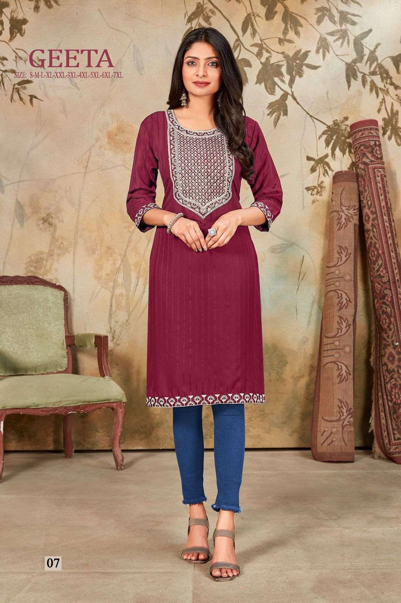 Pr Geeta Daily Wear Neck Work Silk Fancy Stitch Kurtis