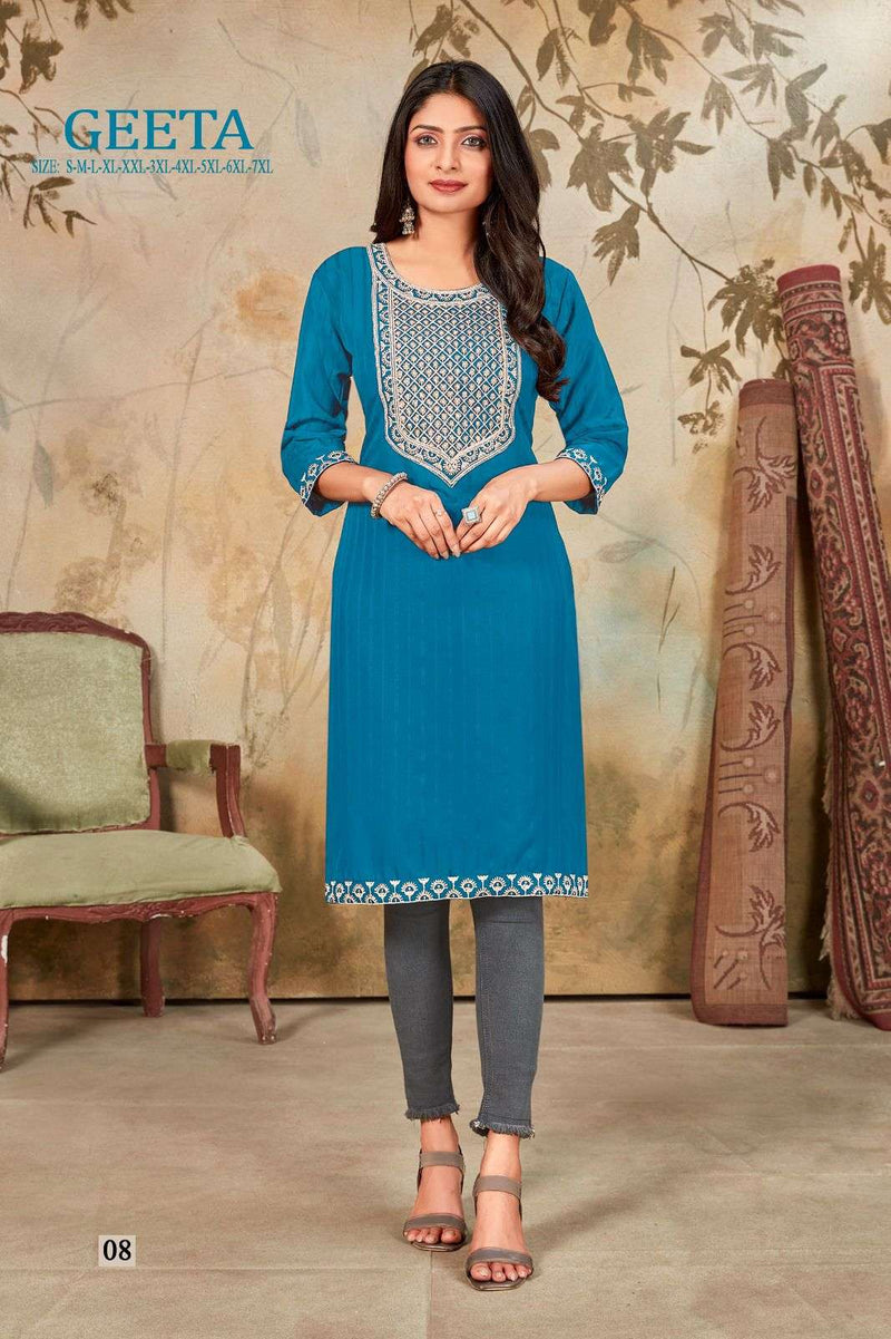 Pr Geeta Daily Wear Neck Work Silk Fancy Stitch Kurtis