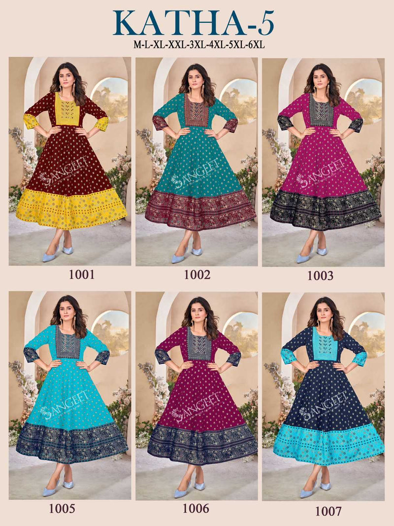 P R Clothing Katha Vol 5 Rayon Gold Embroidery Sequence Work Casual Wear Kurti
