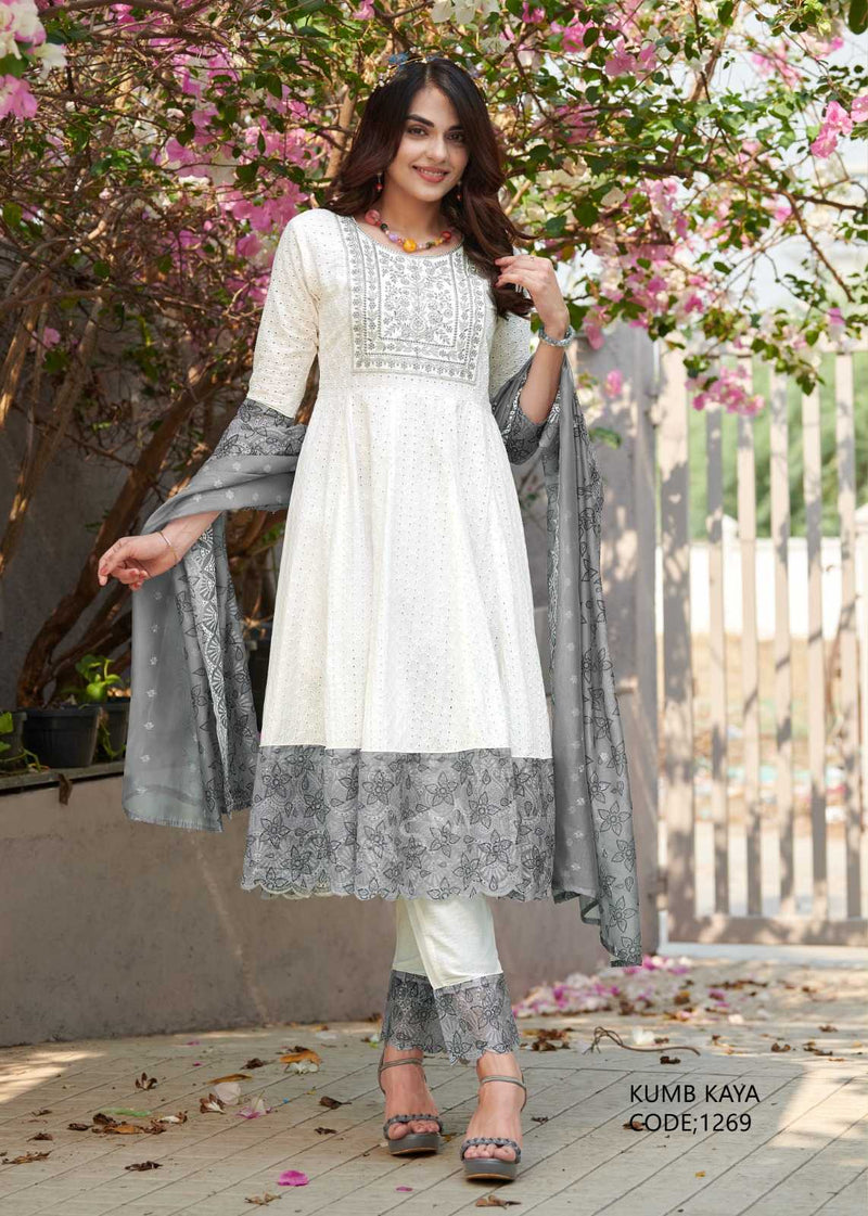 P R Clothing Kumb Kaya Dusty Cotton Heavy Embroidery Shifflei Work Anarkali Style Kurti Set