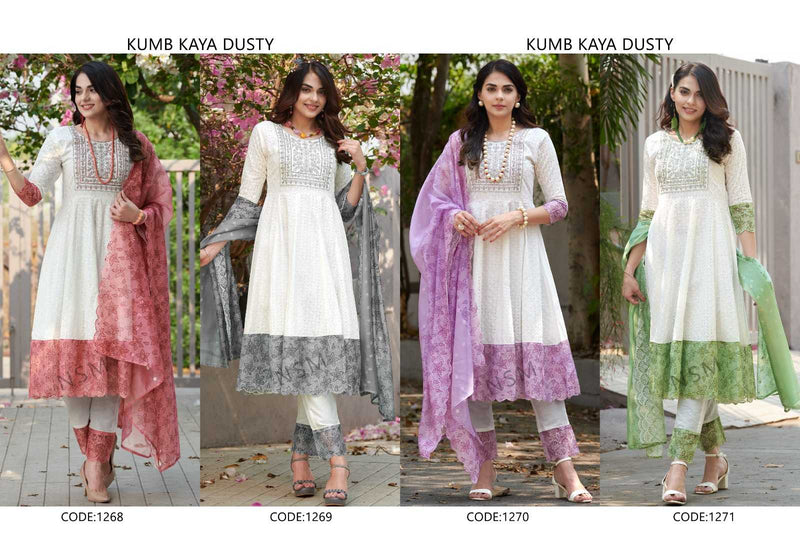 P R Clothing Kumb Kaya Dusty Cotton Heavy Embroidery Shifflei Work Anarkali Style Kurti Set