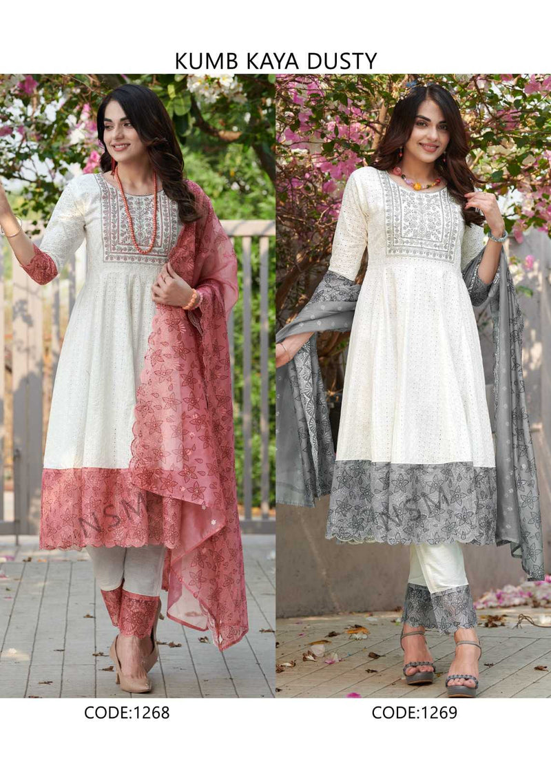 P R Clothing Kumb Kaya Dusty Cotton Heavy Embroidery Shifflei Work Anarkali Style Kurti Set