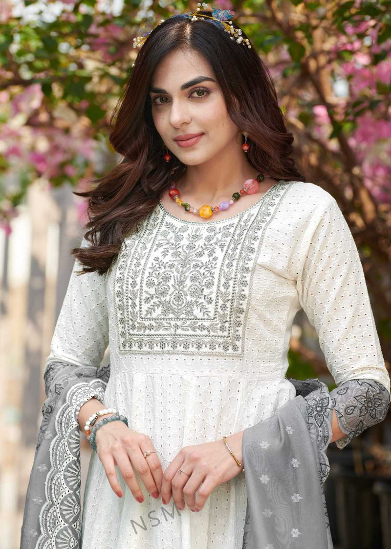 P R Clothing Kumb Kaya Dusty Cotton Heavy Embroidery Shifflei Work Anarkali Style Kurti Set
