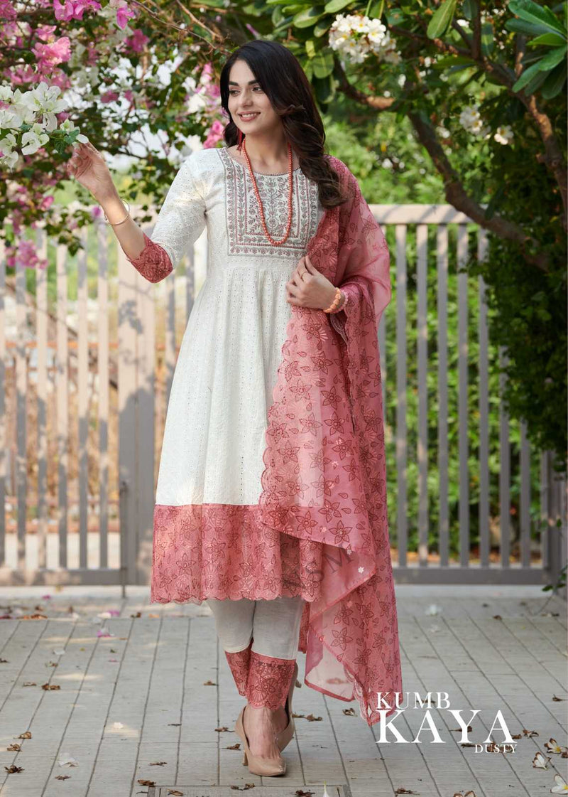 P R Clothing Kumb Kaya Dusty Cotton Heavy Embroidery Shifflei Work Anarkali Style Kurti Set
