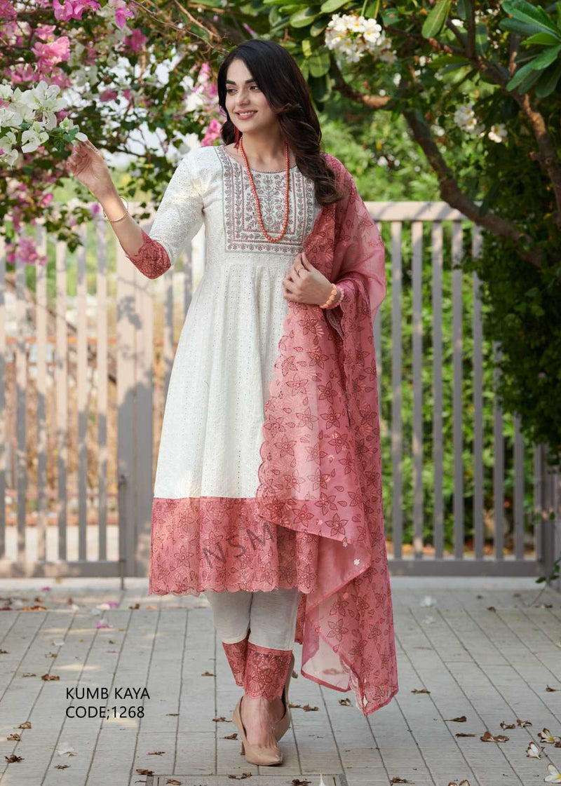 P R Clothing Kumb Kaya Dusty Cotton Heavy Embroidery Shifflei Work Anarkali Style Kurti Set